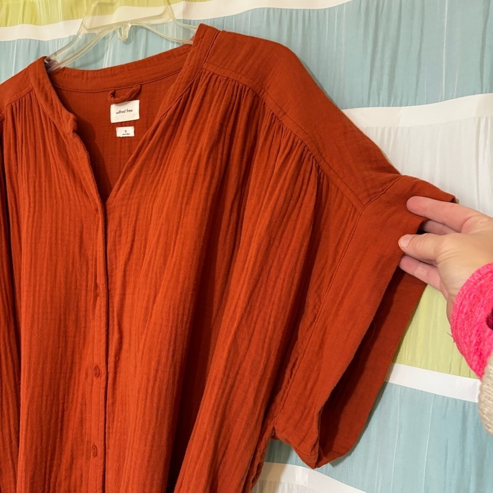 Wilfred Free Organic Cotton Gauzy Shirt Dress Rust Orange Red Sz XL - Picture 4 of 9